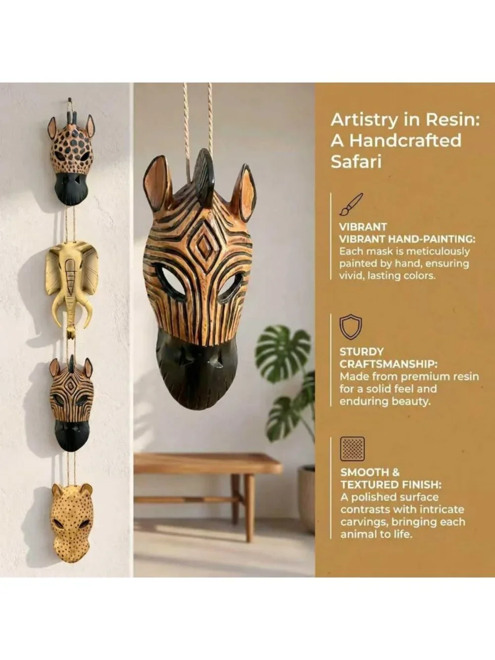 Hand-Painted African Masks Wall Decor Set of 4, Safari Animal Art for Home Decor